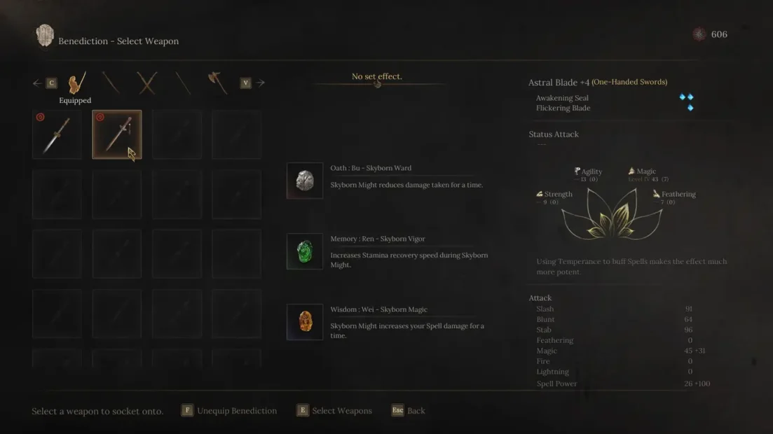 Waffenauswahlbildschirm aus WUCHANG Fallen Feathers mit Astral Blade, einem einhändigen Schwert mit Werten und Skyhorns Might-Effekten.