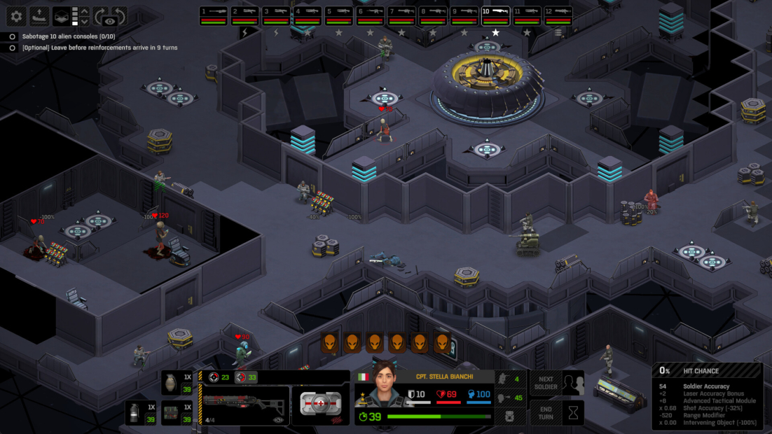 Isometric view of a tactical game showing multiple soldiers inside a fortified complex with walls, towers, and various cover positions