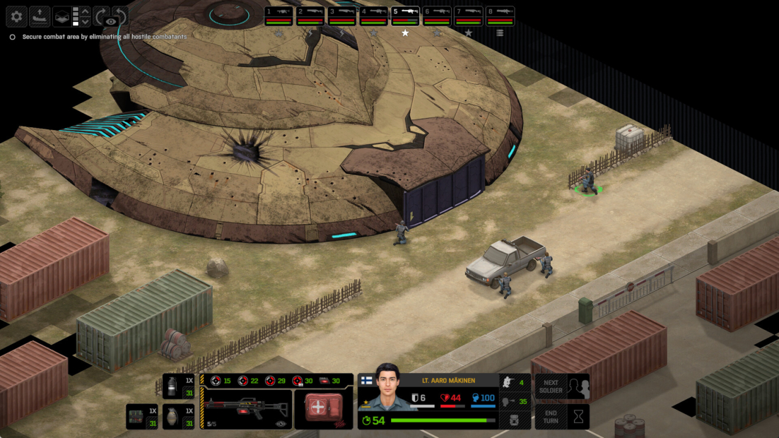 Isometric view of a military base with a large, round damaged building, several containers, a vehicle, and multiple soldiers in combat positions.