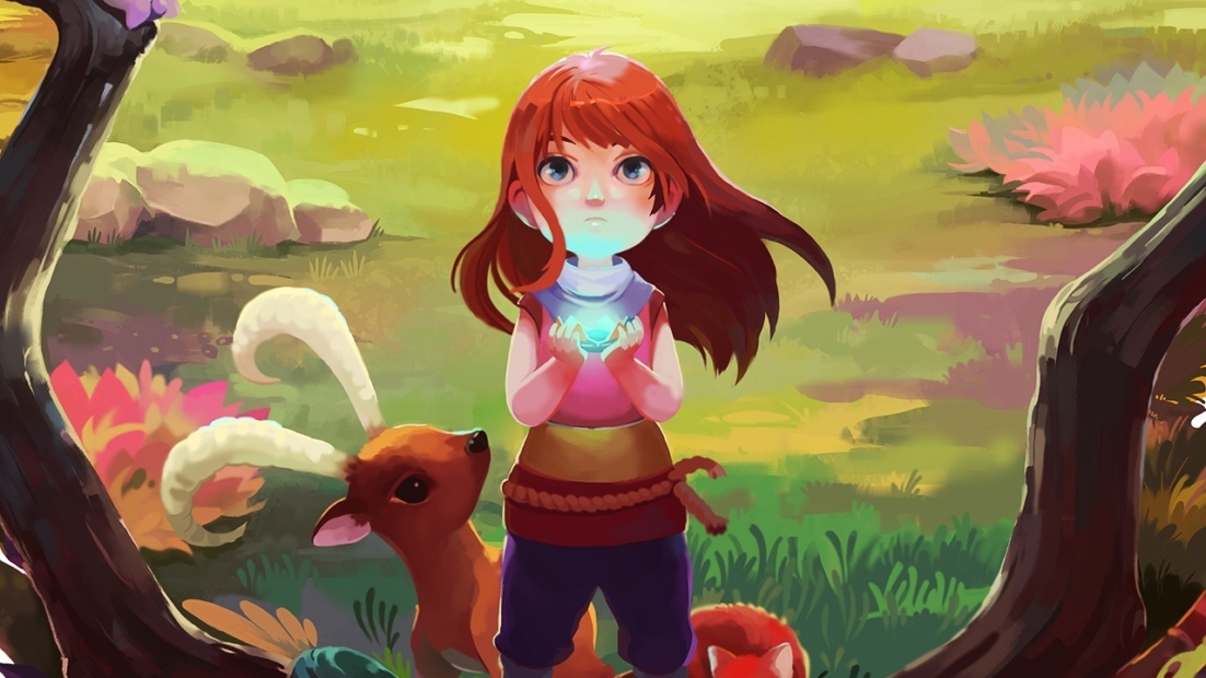 Child with red hair holding glowing object in hands standing next to animal with long curved horns in grassy area with trees and rocks